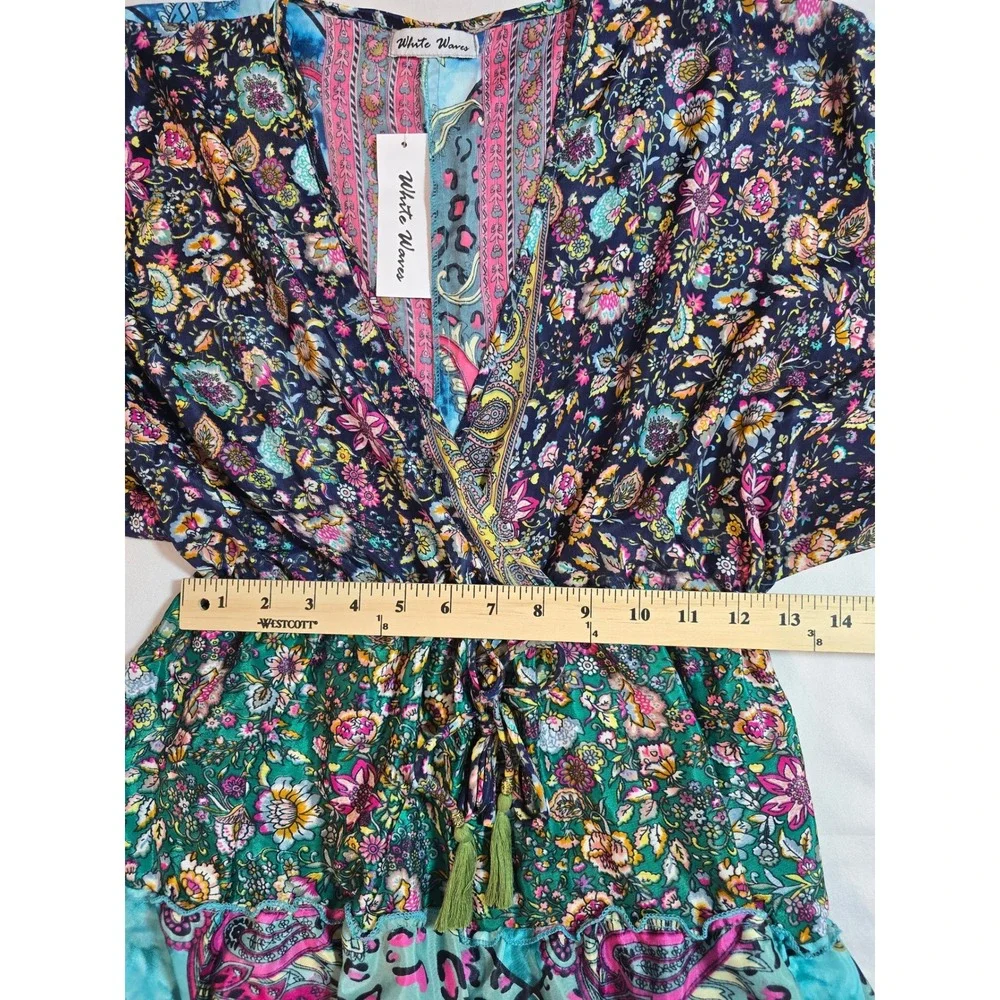 White Waves Bohemian Silk Blend Patchwork Maxi Dress Floral Paisley Tassel Blue - Picture 7 of 11